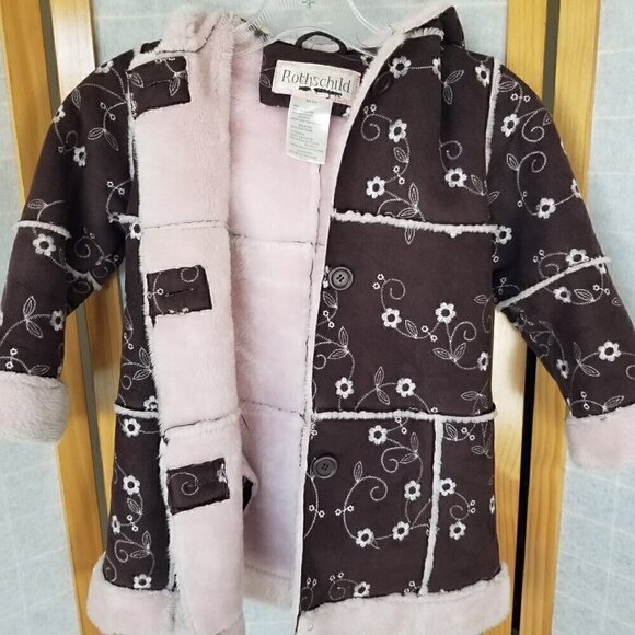Rothschild Dress Coat Suede and Sherpa Girls Brown Pink Embroidery Small 4 - Picture 1 of 10